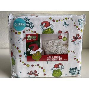 4 Pc Dr. Seuss The Grinch QUEEN Size Cotton Flannel Sheet Set Christmas Soft NEW